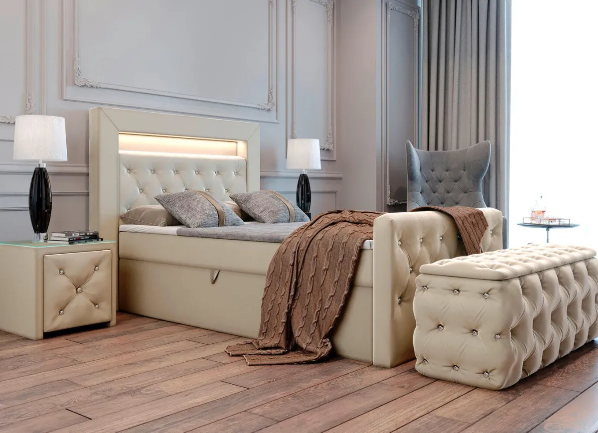 BADER Boxspringbett mit LED-Beleuchtung, Topper und Nachttisch