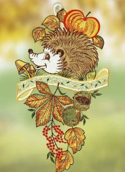 PLAUENER SPITZE Fensterbild Herbst-Igel aus echter