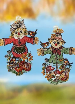 PLAUENER SPITZE Fensterbild mit Vogelscheuchen-Motiv, 2er-Set