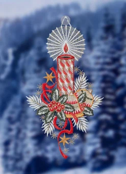 PLAUENER SPITZE Fensterbild mit Weihnachtsgesteck-Motiv