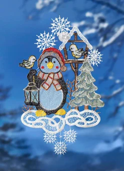 PLAUENER SPITZE Fensterbild Pinguin aus echter