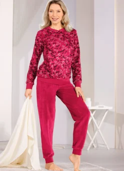 Damen BADER Frottierstretch Schlafanzug mit Rundhals und Bündchen