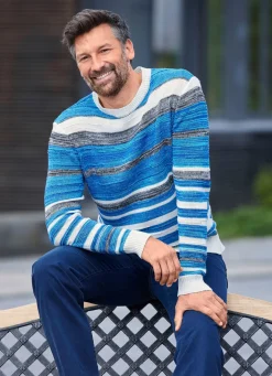 Herren BADER Gestreifter Rundhalspullover mit Strukturdessin