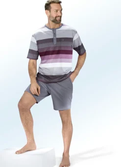 Herren HAJO NACHTMODE Hajo Klima Komfort Shorty mit garngefärbtem Ringeldessin, Knopfleiste, Brusttasche