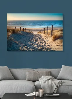 BADER Leinwandbild Weg zum Nordseestrand in goldenem Sonnenuntergang