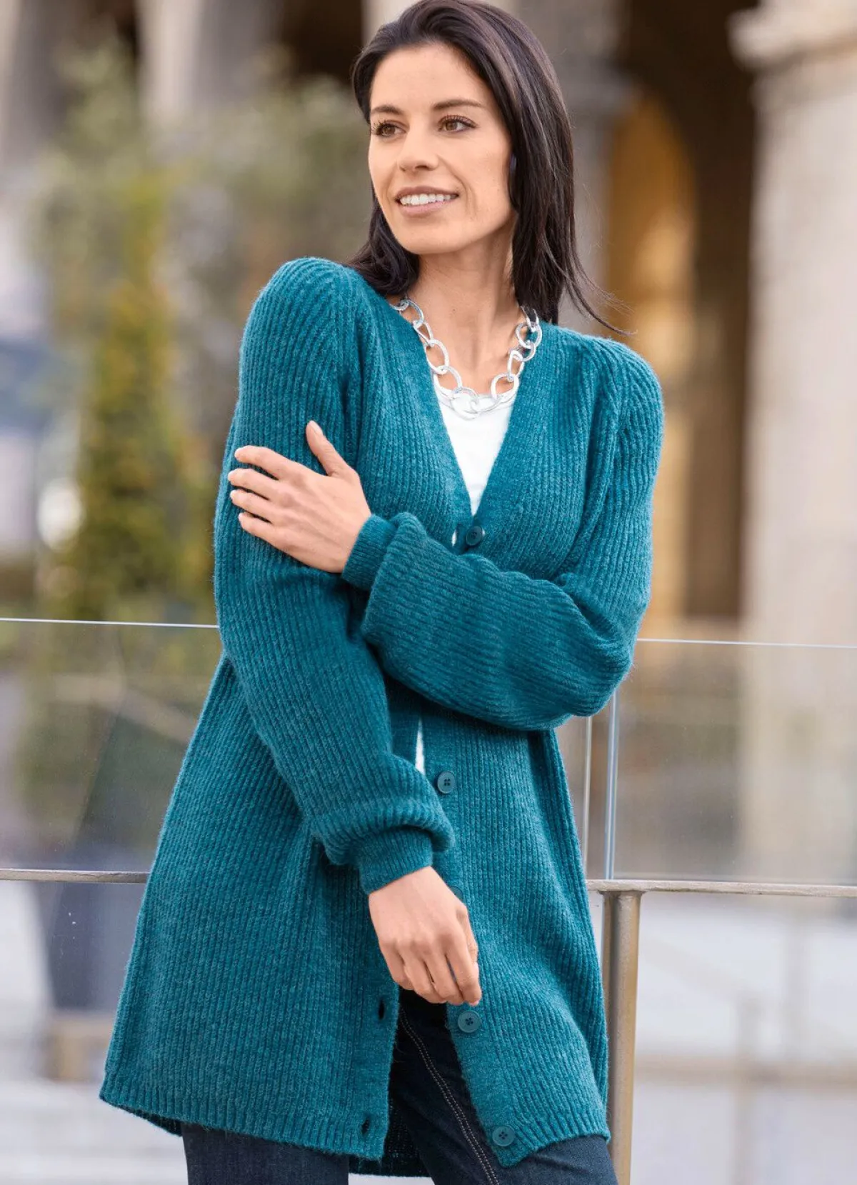 Damen BADER Long-Strickjacke in Perlfang