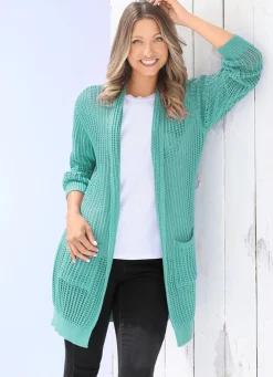 Damen BADER Long-Strickjacke in streckender Streifenoptik