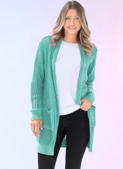 Damen BADER Long-Strickjacke in streckender Streifenoptik