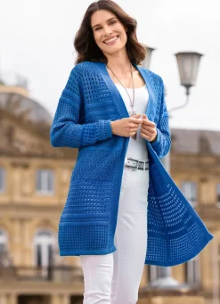 Damen BADER Long-Strickjacke in Struktur- und Ajourmustermix