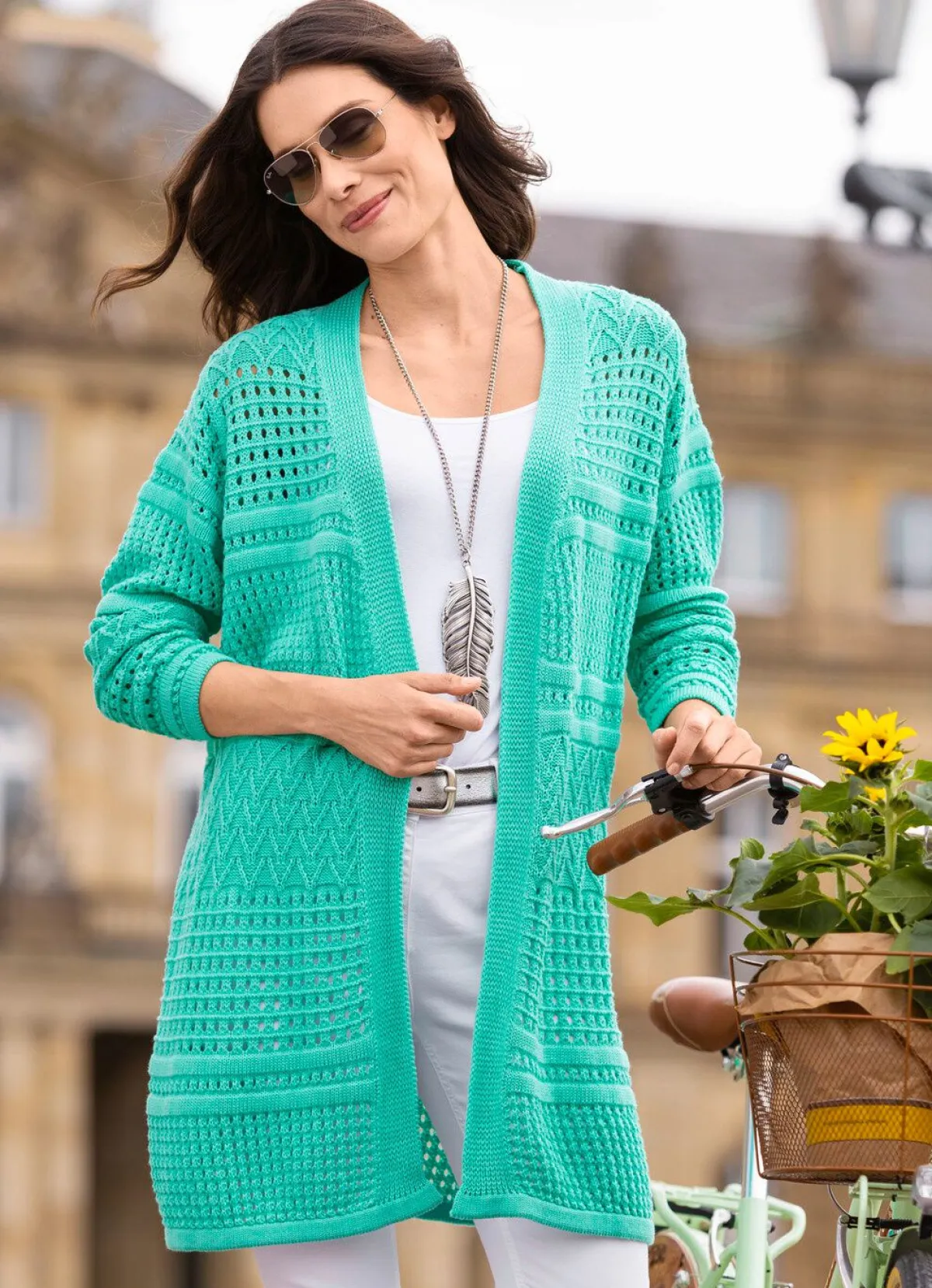 Damen BADER Long-Strickjacke in Struktur- und Ajourmustermix