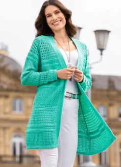 Damen BADER Long-Strickjacke in Struktur- und Ajourmustermix