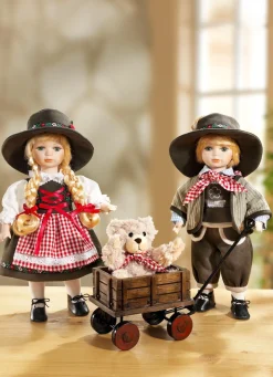 BADER Puppenpaar mit Teddybär im Bollerwagen, 3er-Set