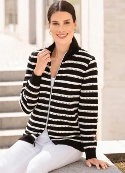 Damen BADER Strickjacke in Ringeldessin mit Ajourakzenten