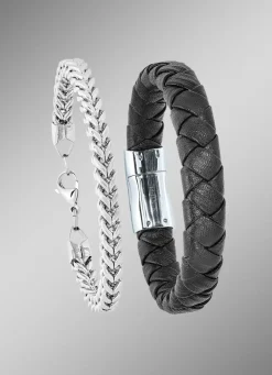 Herren BADER 2-teiliges Armband-Set aus Edelstahl und Leder