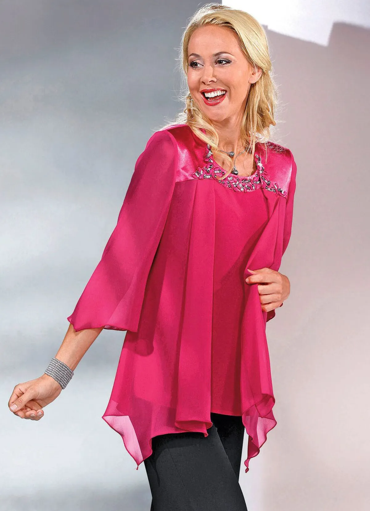 Damen BADER 2-teiliges Blusen-Set mit glänzendem Satin-Besatz