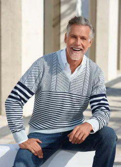 Herren BADER V-Pullover mit Streifen- und Strukturdessin